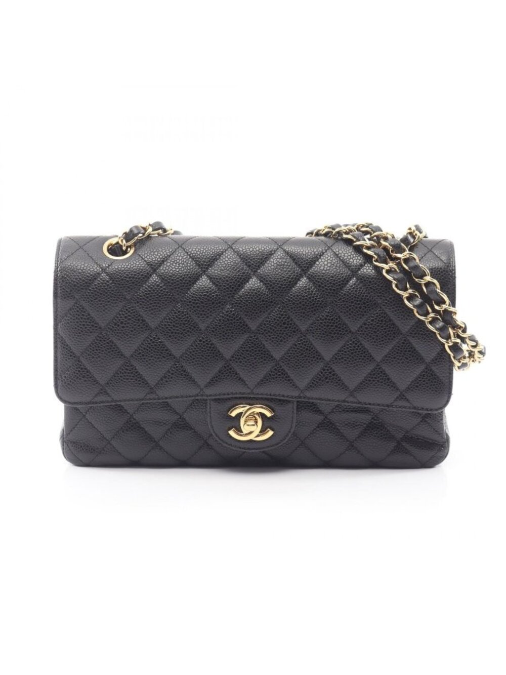 Chanel Shoulder Bag Quilted Double Flap Black Caviar Leather Chain